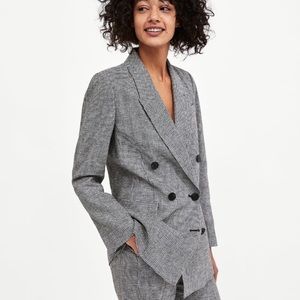 Zara Double-Breasted Checkered Linen Blazer